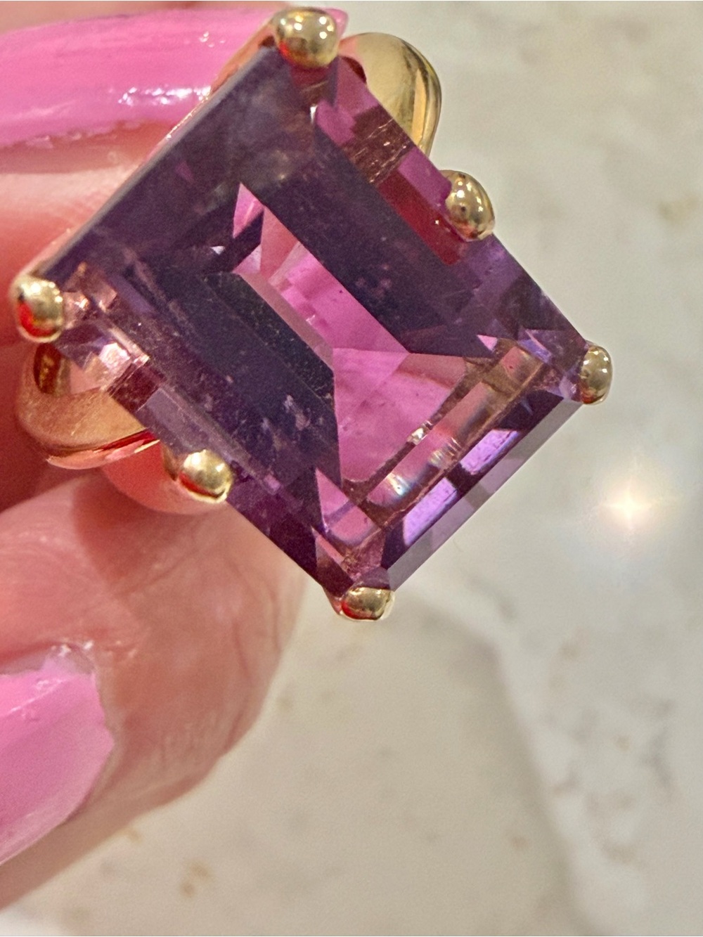 Vintage 14K Gold Plated Emerald Cut Purple Statement Ring – Size 9 - Picture 3 of 12